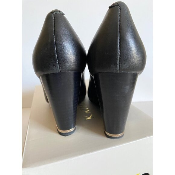 Katherine Kelly Leather Mara Wedge Shoes Sz 6 Black Gold Almond toe - Picture 4 of 14